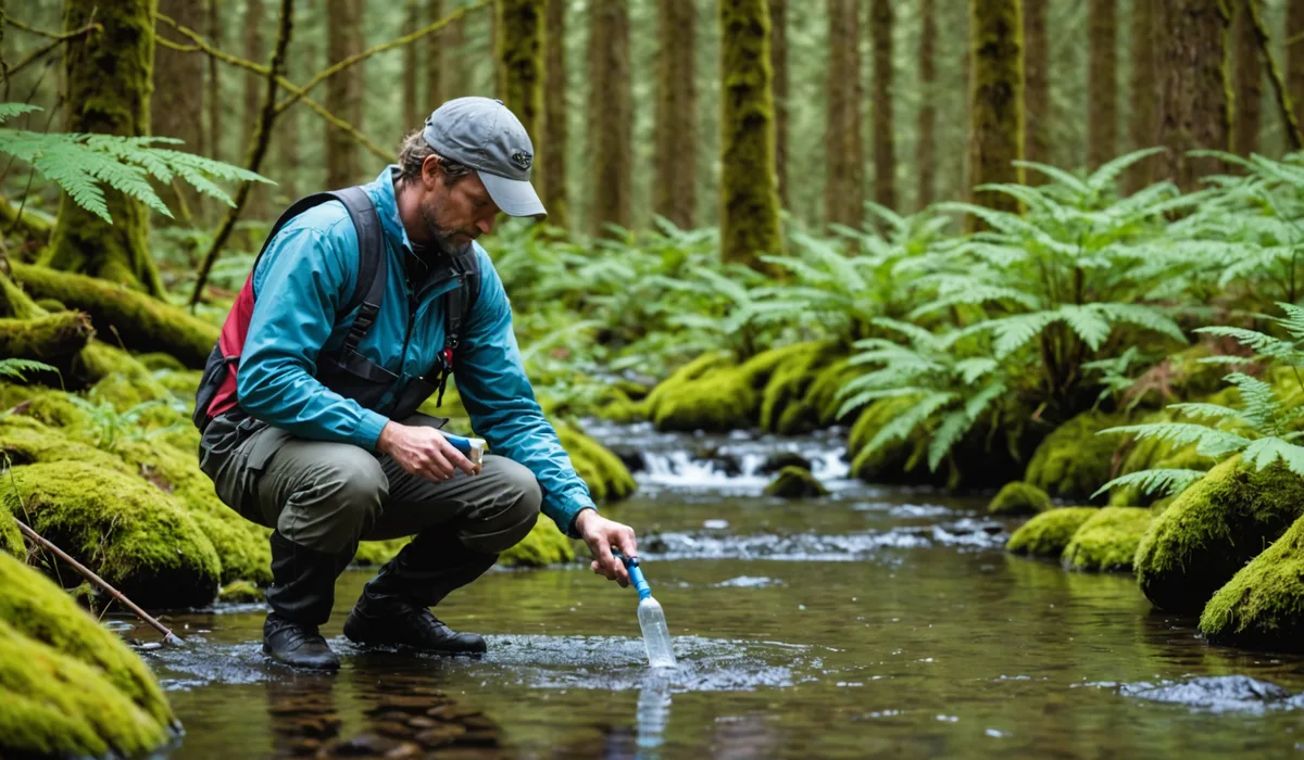 Field ecologist collecting water sample from a Pacific Northwest stream using filtration equipment in a forested riparian corridor