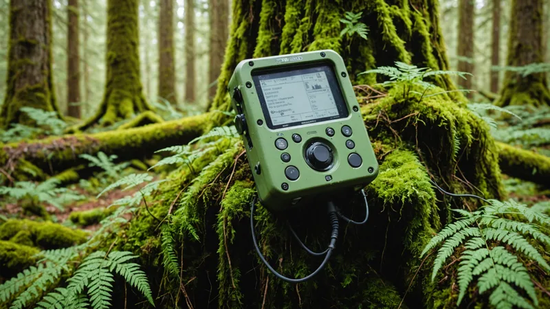 AudioMoth acoustic recorder mounted on tree in Pacific Northwest forest