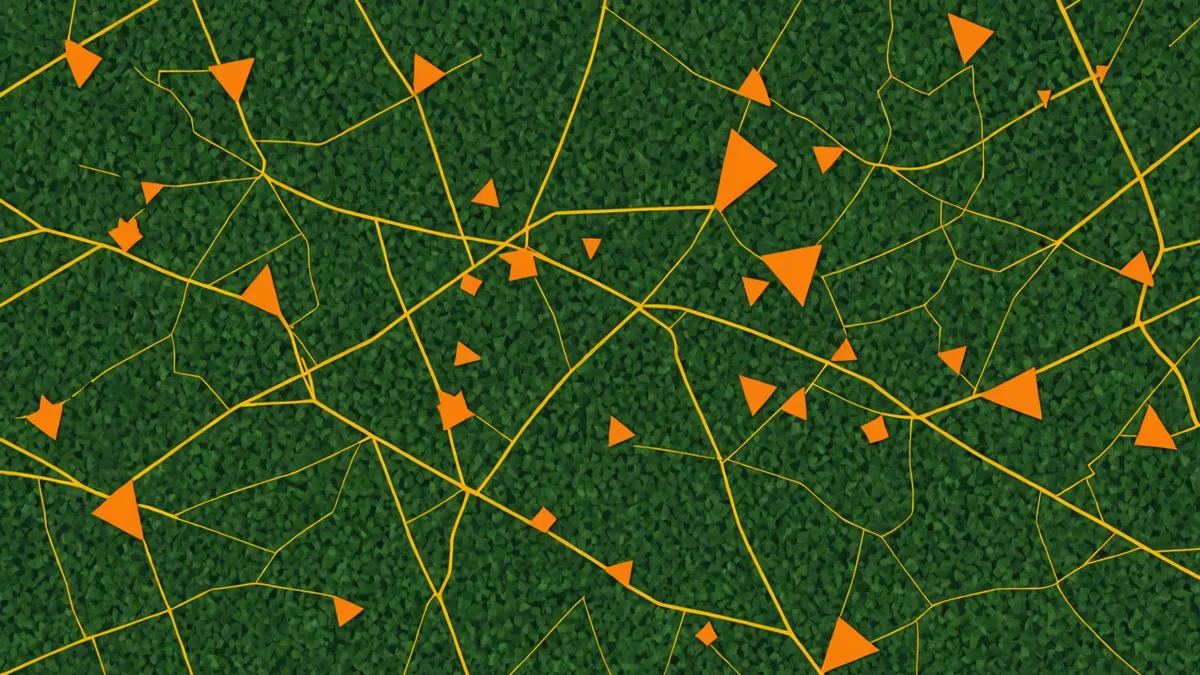 Satellite view showing multiple deforestation detection markers across a forest region