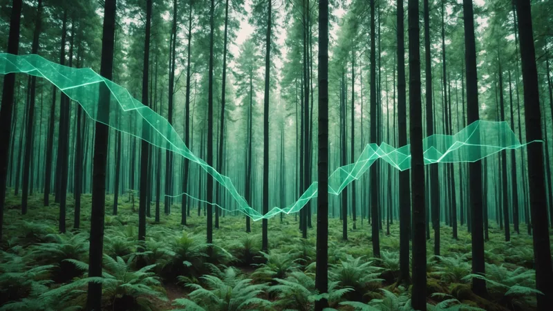 Abstract visualization of biodiversity credit market structure — data nodes and ecosystem types
