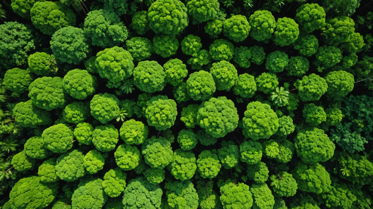 Dense tropical rainforest canopy viewed from above, canopy structure visible