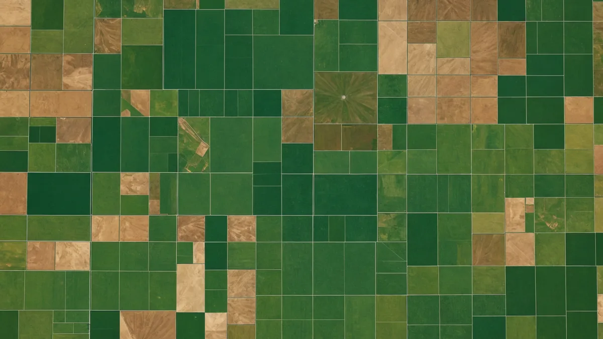 Grid view of agricultural land parcels photographed from satellite altitude