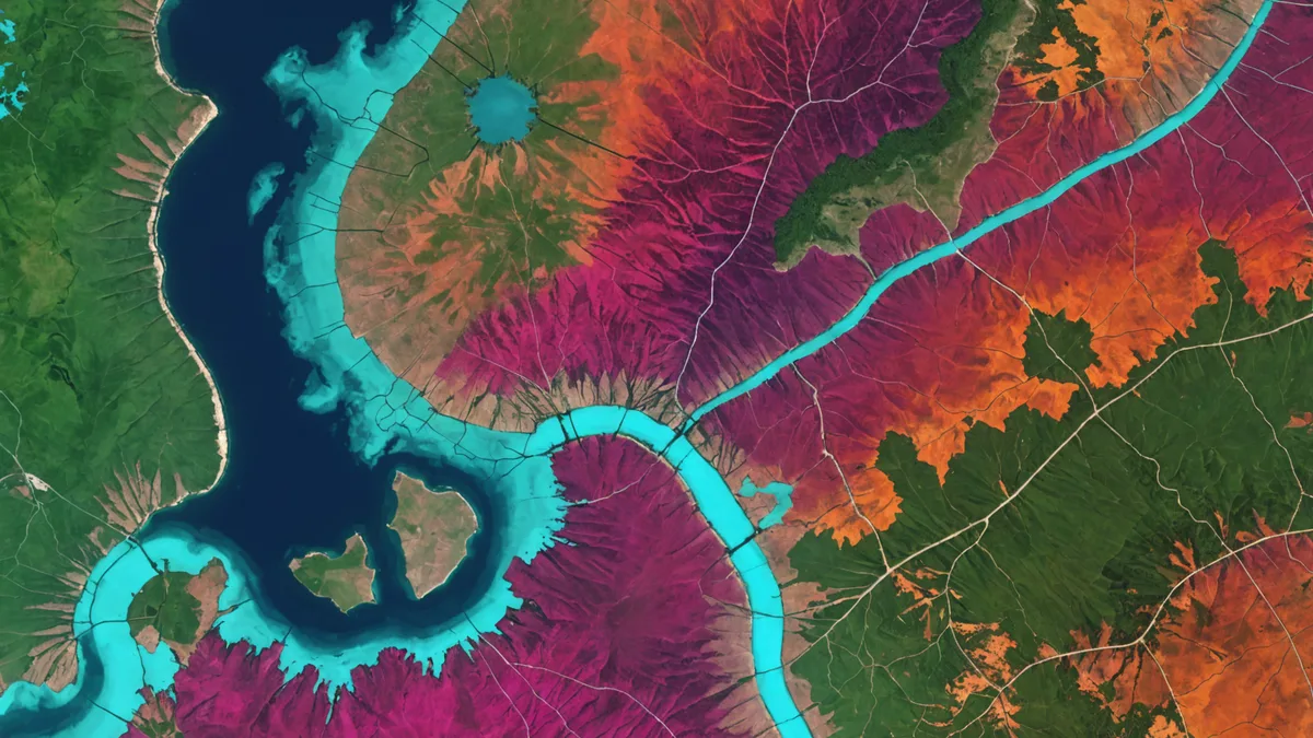 False-color composite satellite image showing multiple spectral band combinations across forest terrain