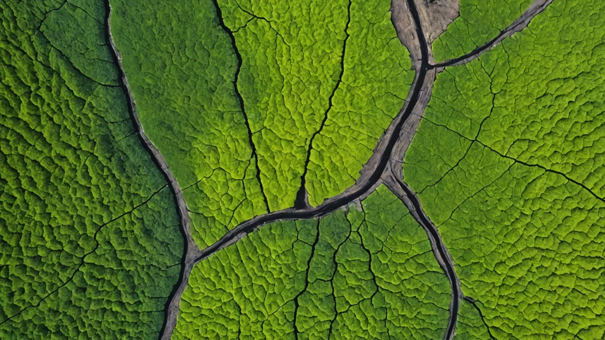 Aerial view of post-fire forest recovery showing burn scar and regenerating vegetation