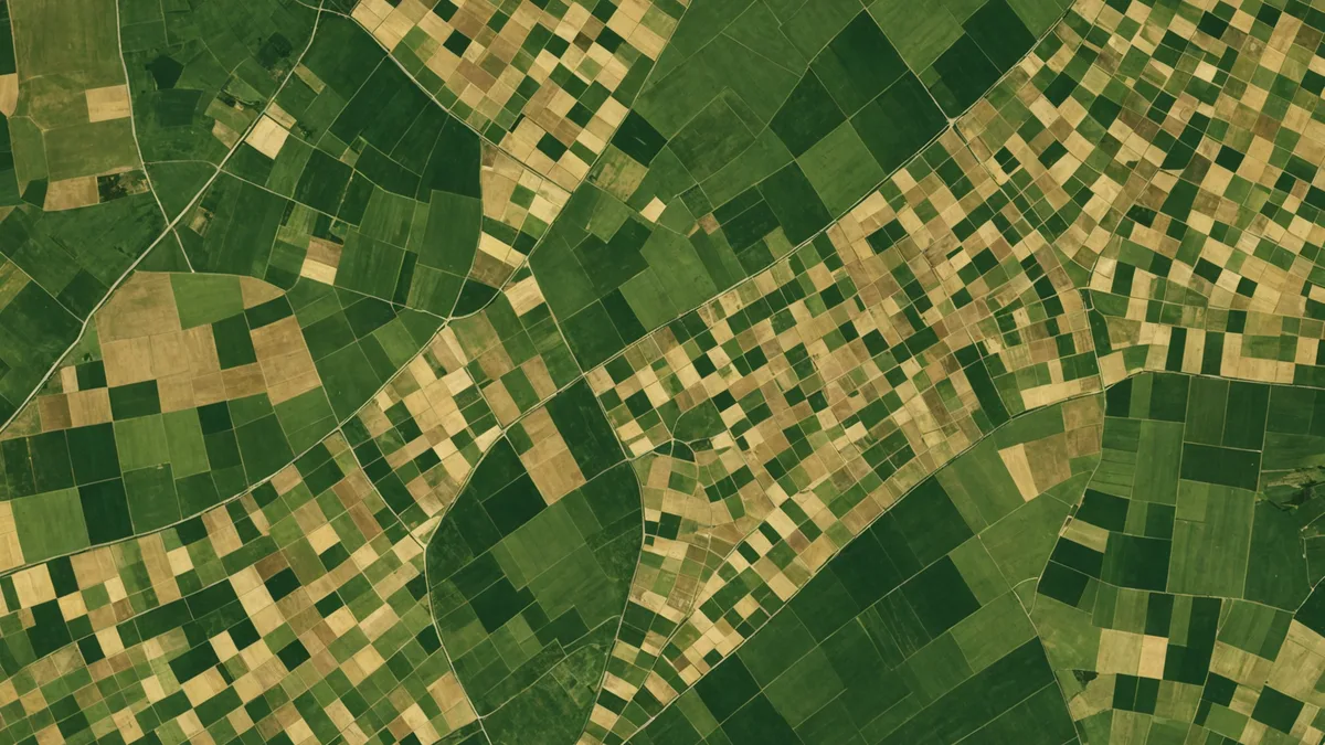 Satellite view of supply chain landscape with agricultural and forest land use patterns