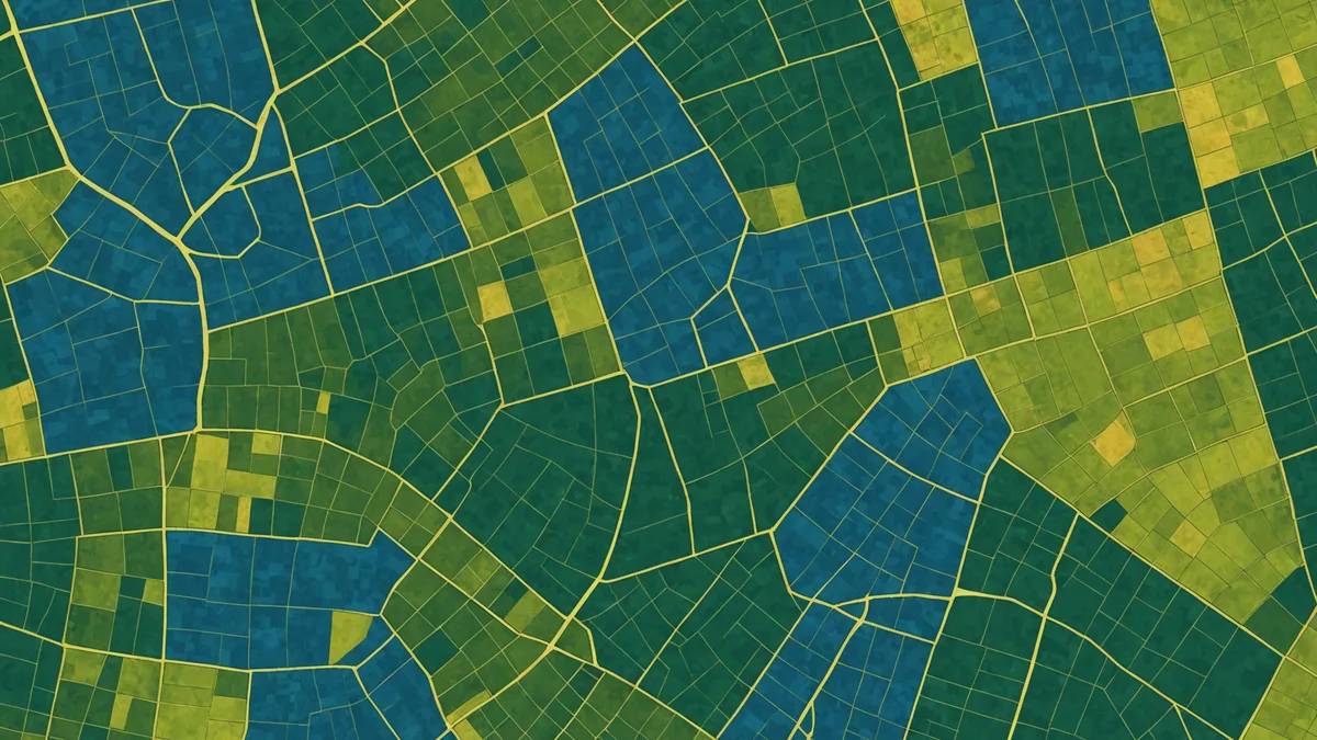 Satellite map view of land parcels with compliance boundary overlays