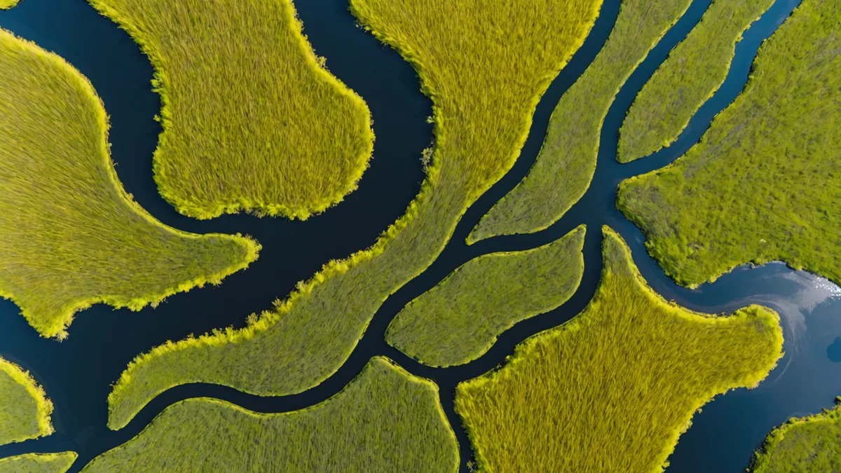 Satellite composite of wetland terrain showing water channels and vegetated marsh areas