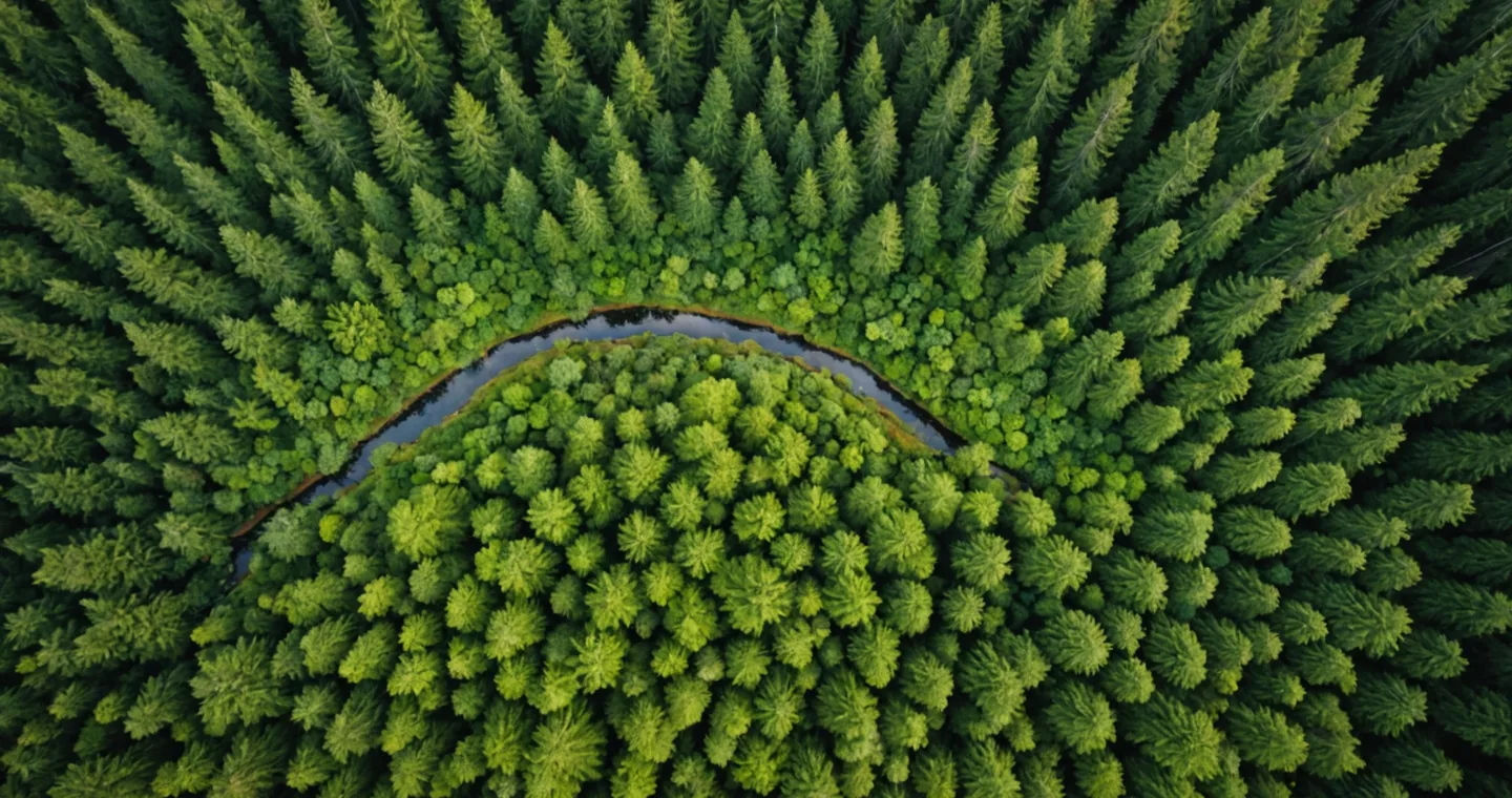 Aerial view of a Pacific Northwest riparian corridor with old-growth conifers and river channel, treated with deep forest-green color grade