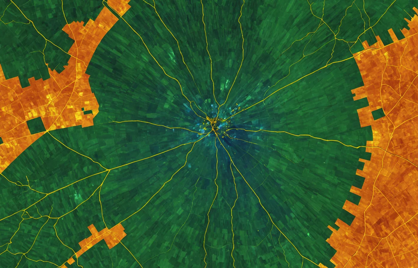Sentinel-2 false-color satellite composite showing forest fragmentation with detection polygon overlays in amber