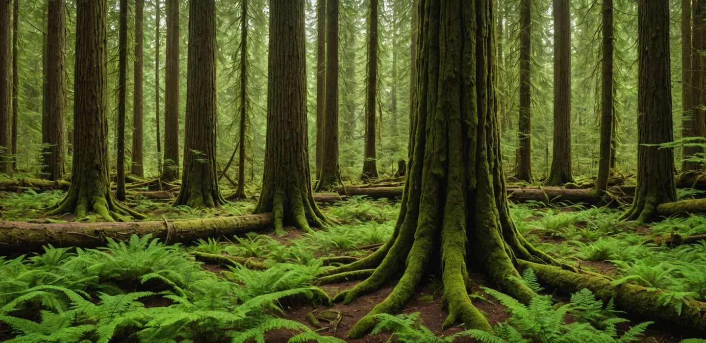 Pacific Northwest temperate forest with old-growth Douglas fir and dense understory, forest-green color grade