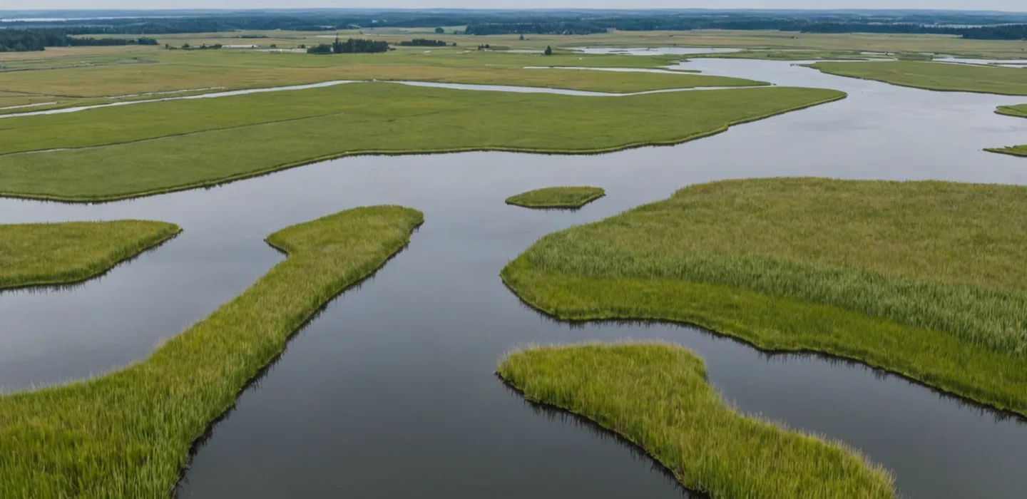 Oregon wetland landscape with sedge meadow and willow thickets, natural light at golden hour